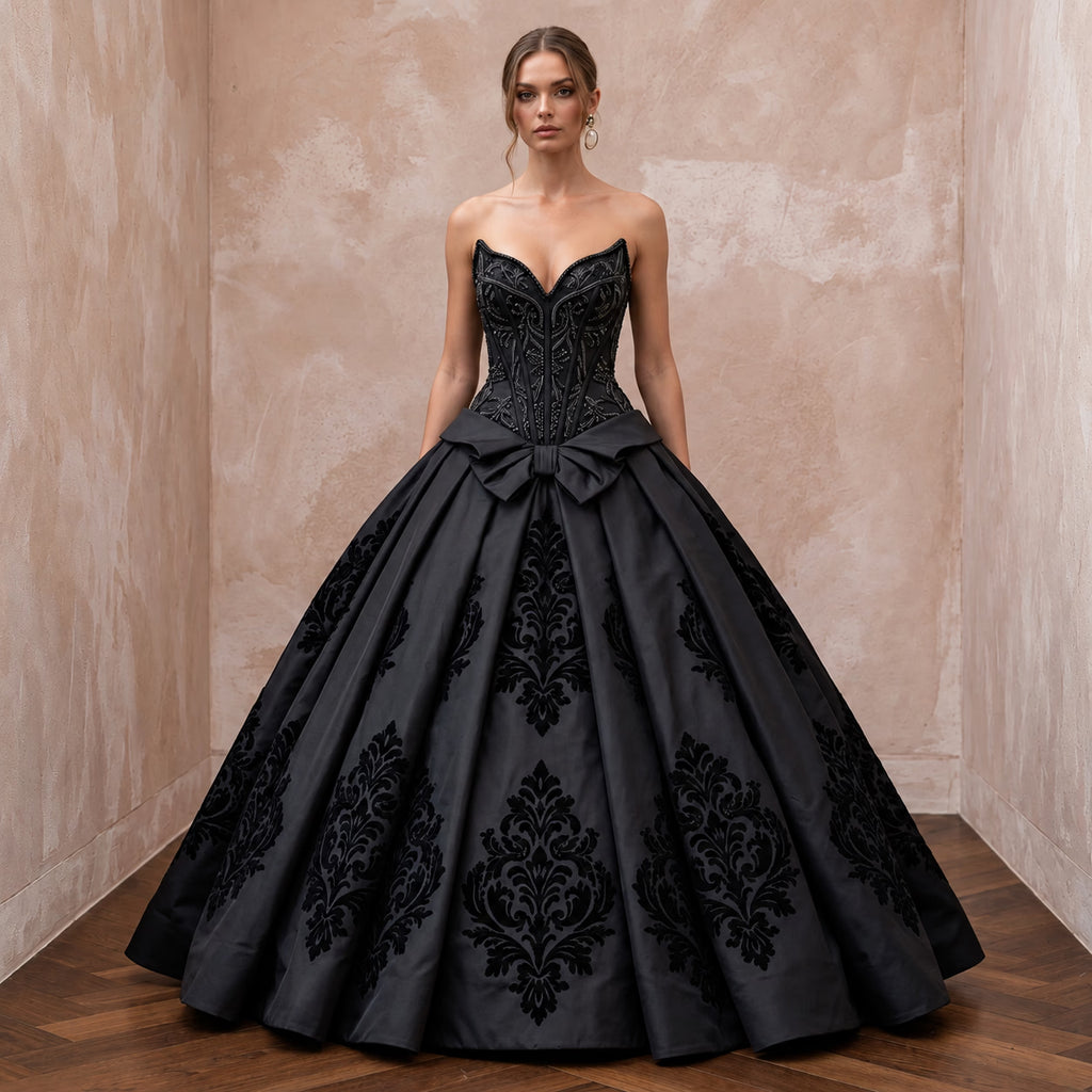 Black Taffeta Dropped Waist Corset Bodice Ball Gown