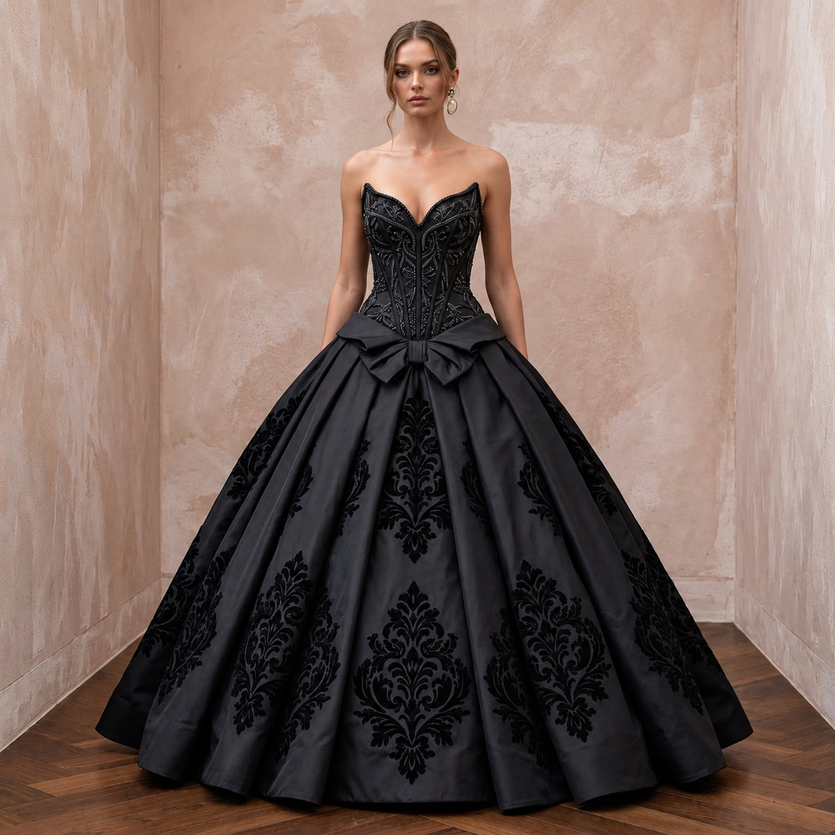 Black Taffeta Dropped Waist Corset Bodice Ball Gown