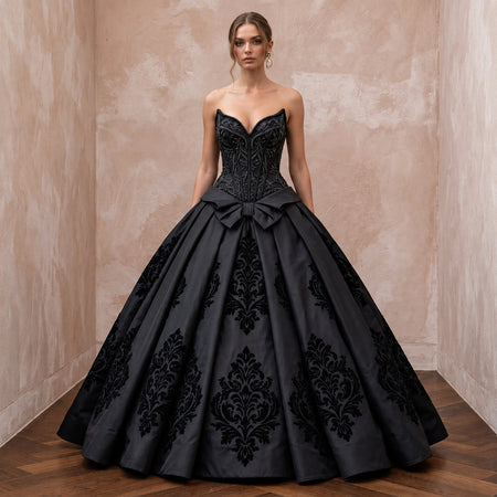 Black Taffeta Dropped Waist Corset Bodice Ball Gown
