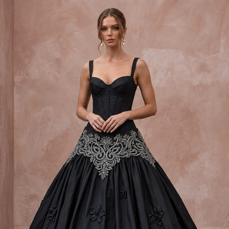 Black Taffeta Dropped Waist Corset Bodice Ball Gown