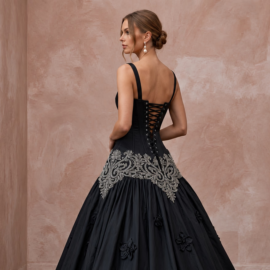 Black Taffeta Dropped Waist Corset Bodice Ball Gown