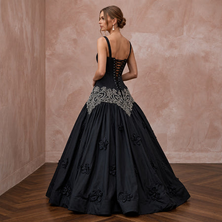 Black Taffeta Dropped Waist Corset Bodice Ball Gown