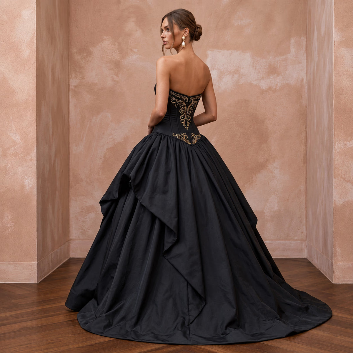 Black Taffeta Dropped Waist Corset Bodice Ball Gown