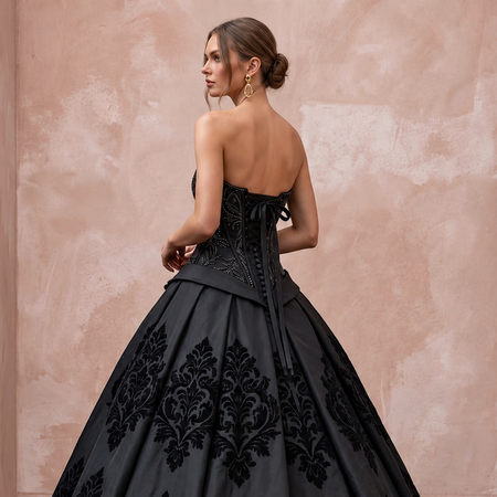 Black Taffeta Dropped Waist Corset Bodice Ball Gown