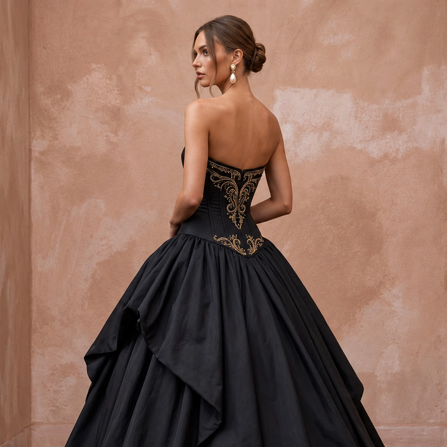Black Taffeta Dropped Waist Corset Bodice Ball Gown