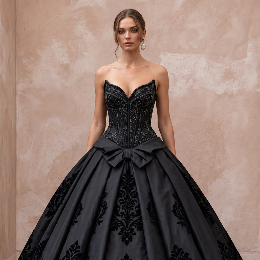 Black Taffeta Dropped Waist Corset Bodice Ball Gown