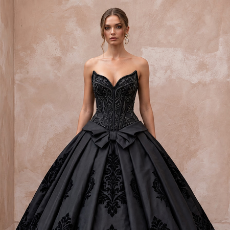 Black Taffeta Dropped Waist Corset Bodice Ball Gown