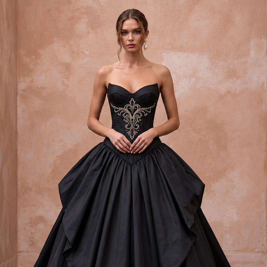 Black Taffeta Dropped Waist Corset Bodice Ball Gown