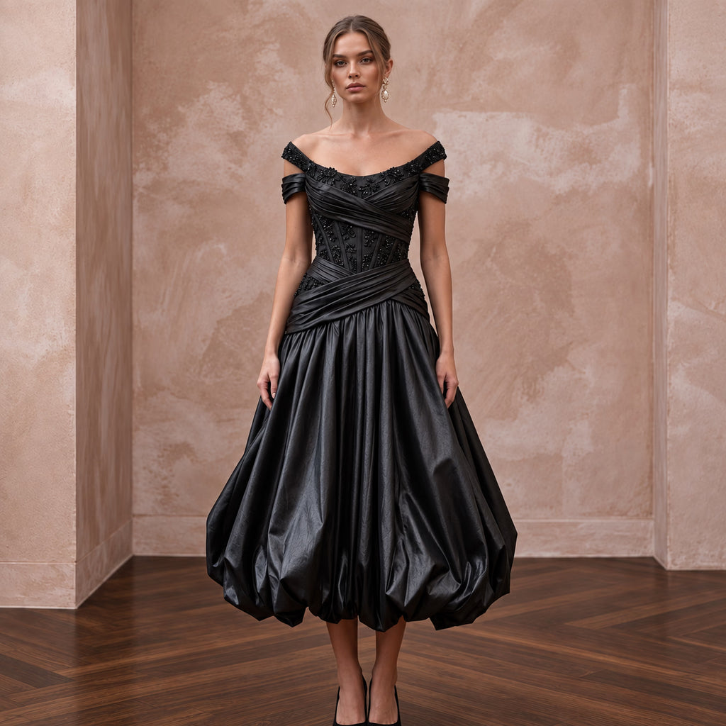 Black Taffeta Voluminous Bubble Skirt Cocktail Dress