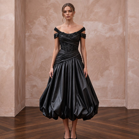 Black Taffeta Voluminous Bubble Skirt Cocktail Dress