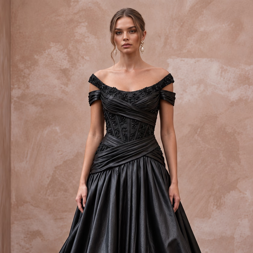 Black Taffeta Voluminous Bubble Skirt Cocktail Dress