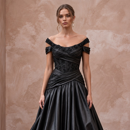 Black Taffeta Voluminous Bubble Skirt Cocktail Dress