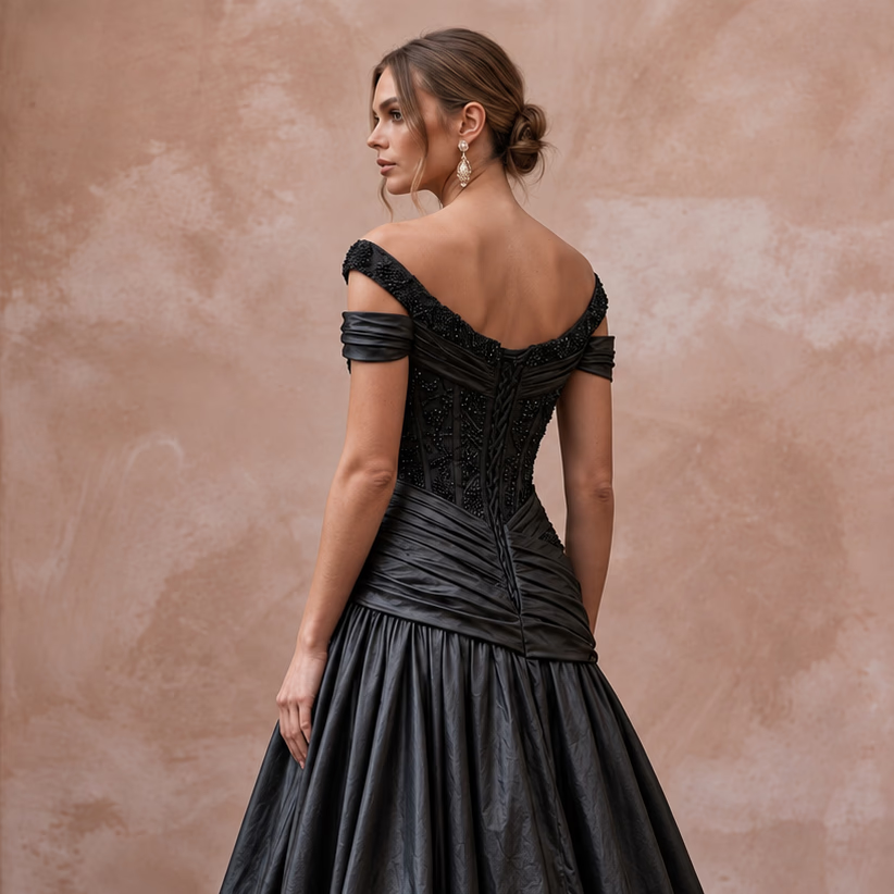 Black Taffeta Voluminous Bubble Skirt Cocktail Dress