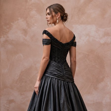 Black Taffeta Voluminous Bubble Skirt Cocktail Dress