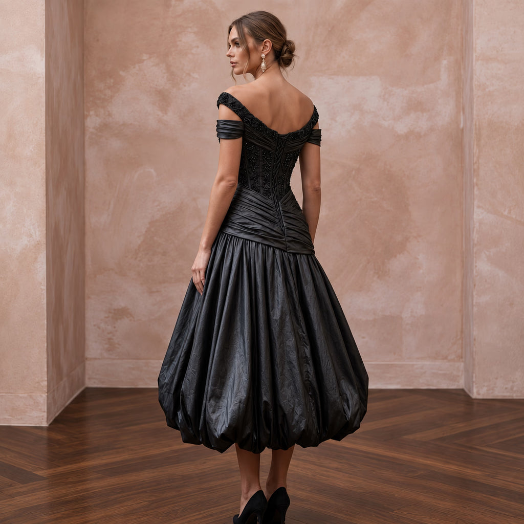 Black Taffeta Voluminous Bubble Skirt Cocktail Dress