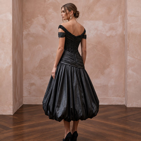 Black Taffeta Voluminous Bubble Skirt Cocktail Dress