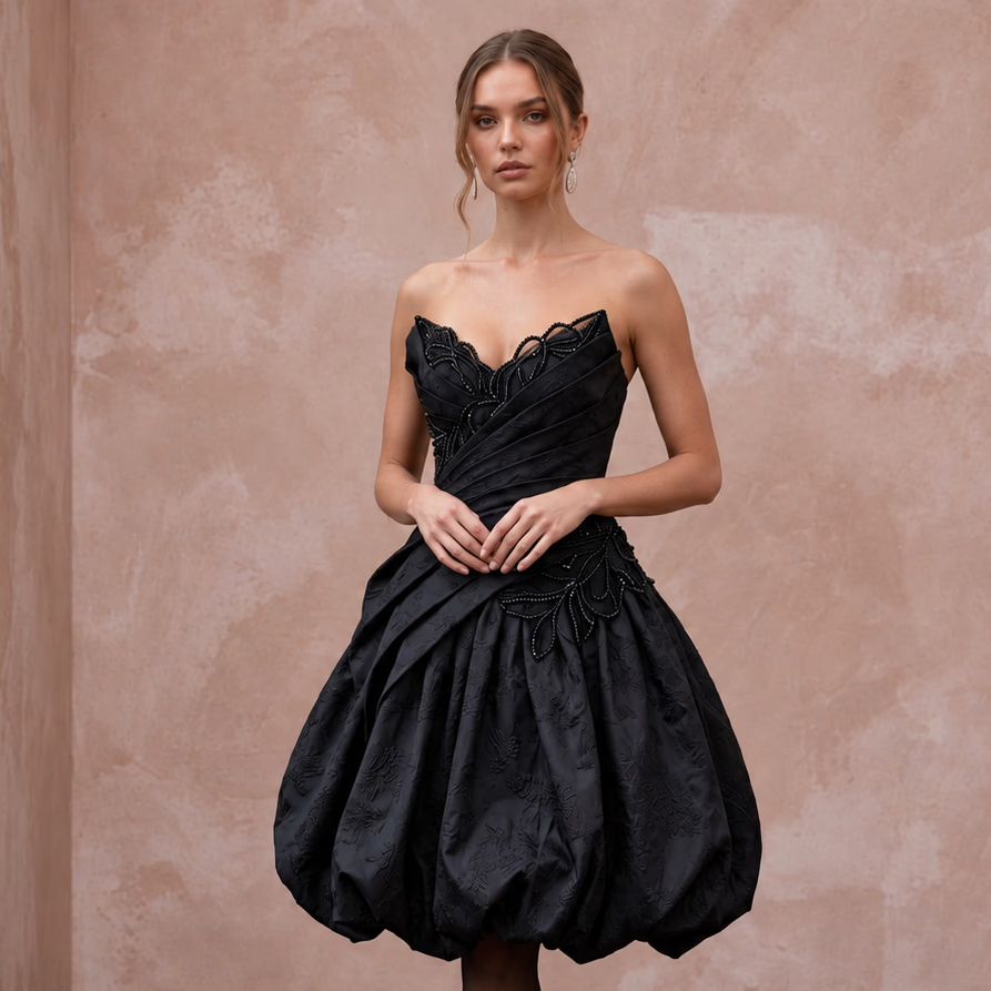 Black Taffeta Voluminous Bubble Skirt Strapless Cocktail Dress