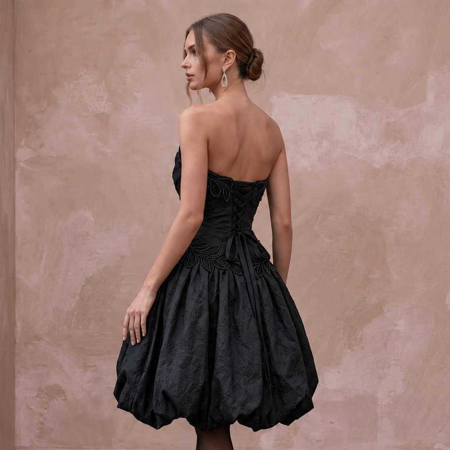 Black Taffeta Voluminous Bubble Skirt Strapless Cocktail Dress