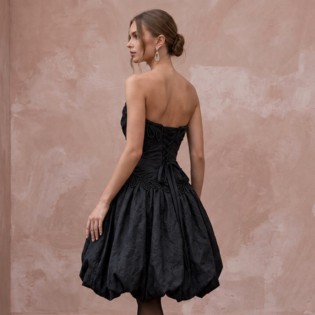 Black Taffeta Voluminous Bubble Skirt Strapless Cocktail Dress