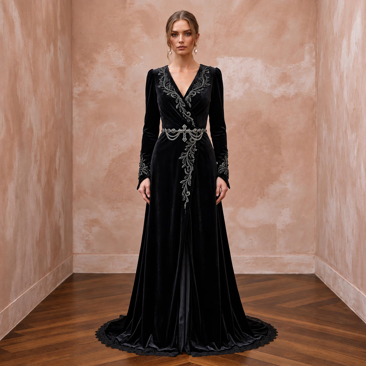 Black Velvet Long Sleeve Wrap Bodice Gothic Wedding Dress - Apparel & Accessories > Clothing > Wedding & Bridal Party Dresses > Wedding Dresses - Mignonette Bridal Main image