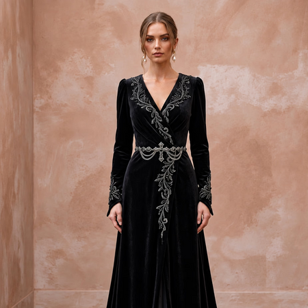Black Velvet Long Sleeve Wrap Bodice Gothic Wedding Dress - Apparel & Accessories > Clothing > Wedding & Bridal Party Dresses > Wedding Dresses - Mignonette Bridal