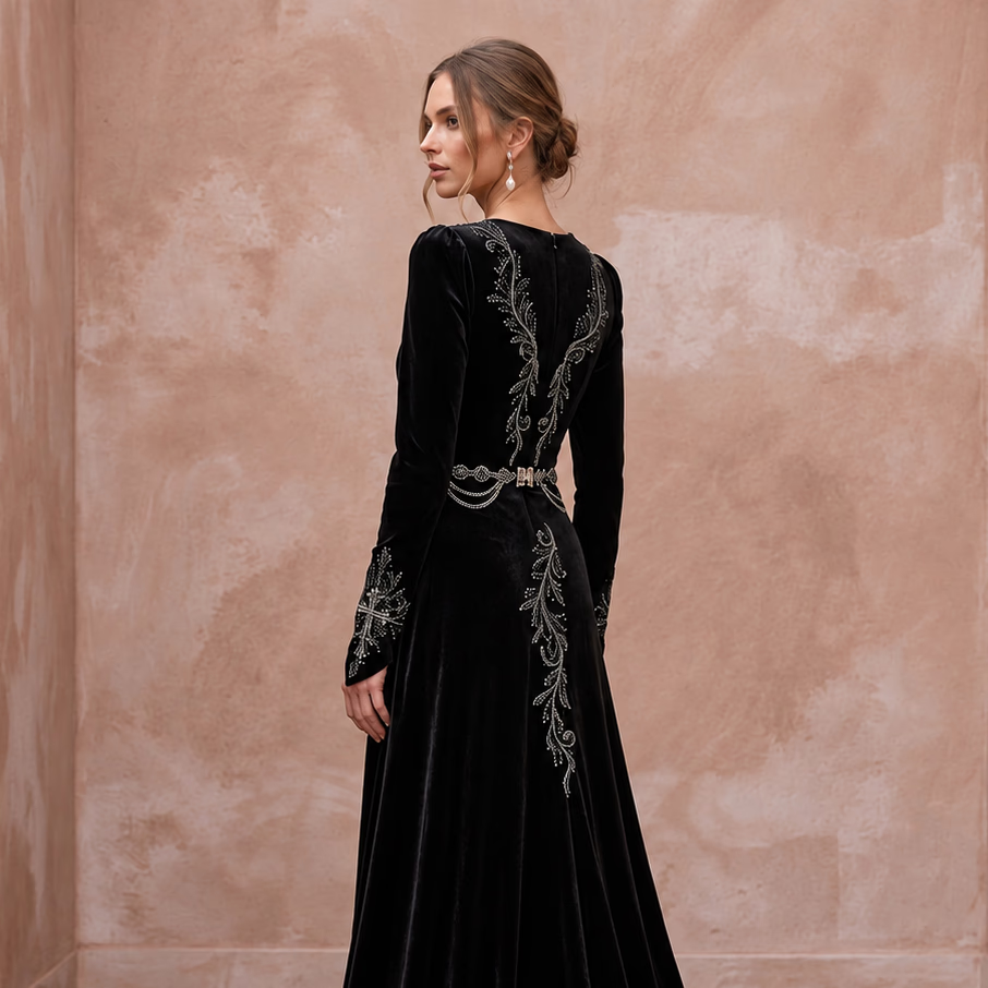 Black Velvet Long Sleeve Wrap Bodice Gothic Wedding Dress - Apparel & Accessories > Clothing > Wedding & Bridal Party Dresses > Wedding Dresses - Mignonette Bridal