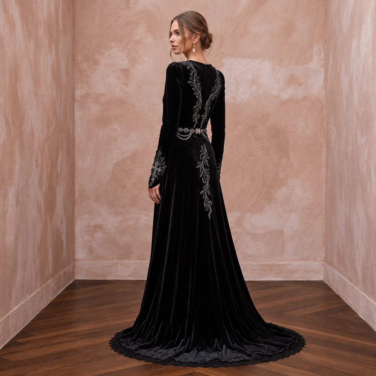 Black Velvet Long Sleeve Wrap Bodice Gothic Wedding Dress Secondary image