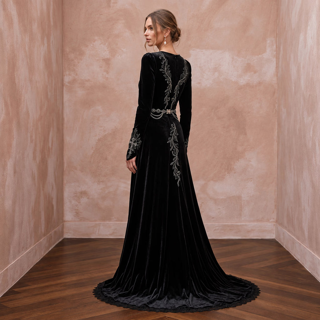 Black Velvet Long Sleeve Wrap Bodice Gothic Wedding Dress - Apparel & Accessories > Clothing > Wedding & Bridal Party Dresses > Wedding Dresses - Mignonette Bridal