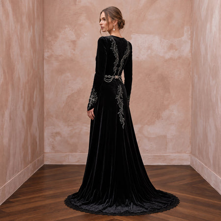 Black Velvet Long Sleeve Wrap Bodice Gothic Wedding Dress - Apparel & Accessories > Clothing > Wedding & Bridal Party Dresses > Wedding Dresses - Mignonette Bridal