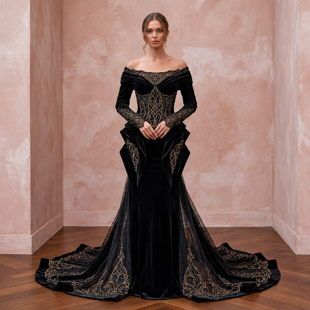 Black Velvet Off - the - Shoulder Long Sleeve Gothic Wedding Dress - Apparel & Accessories > Clothing > Wedding & Bridal Party Dresses > Wedding Dresses - Mignonette Bridal