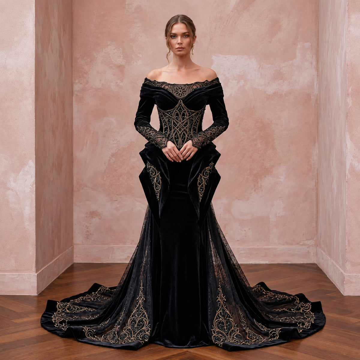 Black Velvet Off - the - Shoulder Long Sleeve Gothic Wedding Dress - Apparel & Accessories > Clothing > Wedding & Bridal Party Dresses > Wedding Dresses - Mignonette Bridal