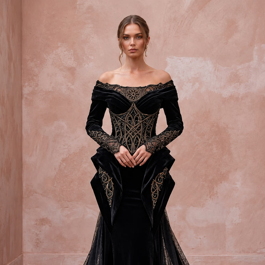 Black Velvet Off - the - Shoulder Long Sleeve Gothic Wedding Dress - Apparel & Accessories > Clothing > Wedding & Bridal Party Dresses > Wedding Dresses - Mignonette Bridal