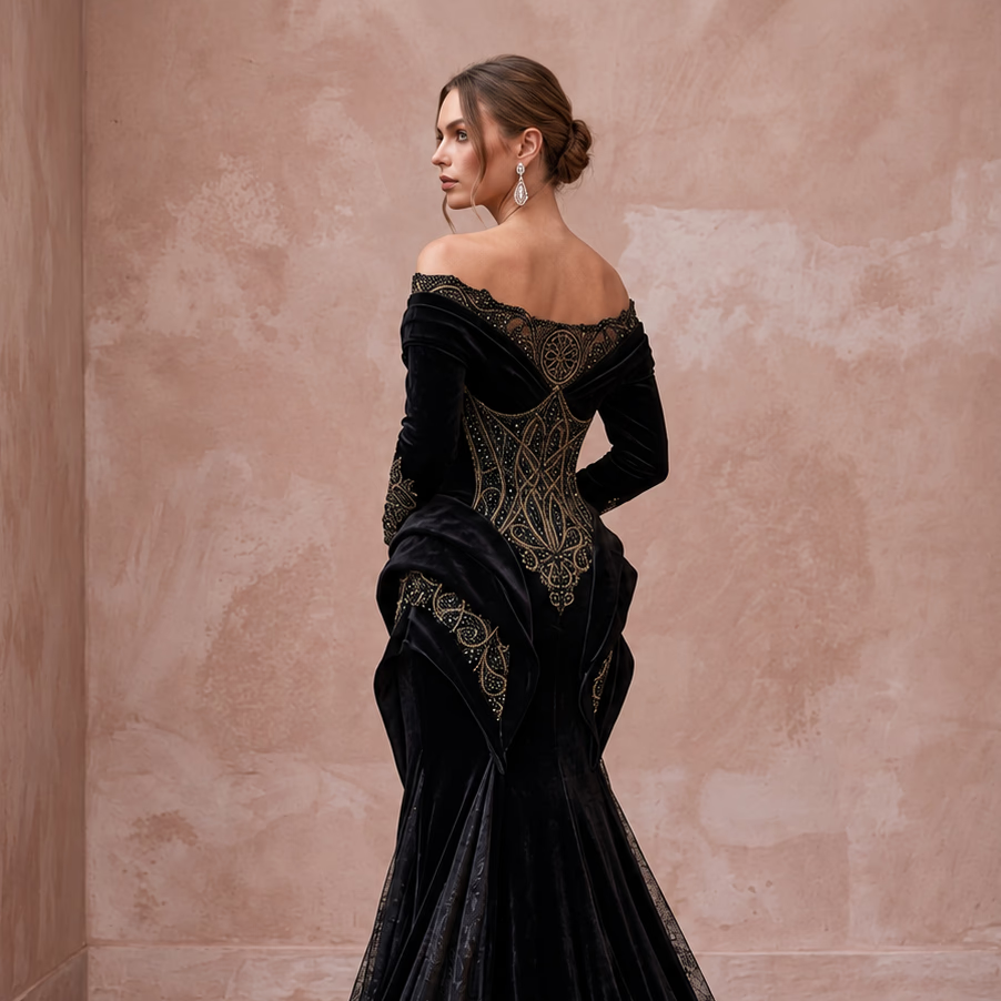 Black Velvet Off - the - Shoulder Long Sleeve Gothic Wedding Dress - Apparel & Accessories > Clothing > Wedding & Bridal Party Dresses > Wedding Dresses - Mignonette Bridal