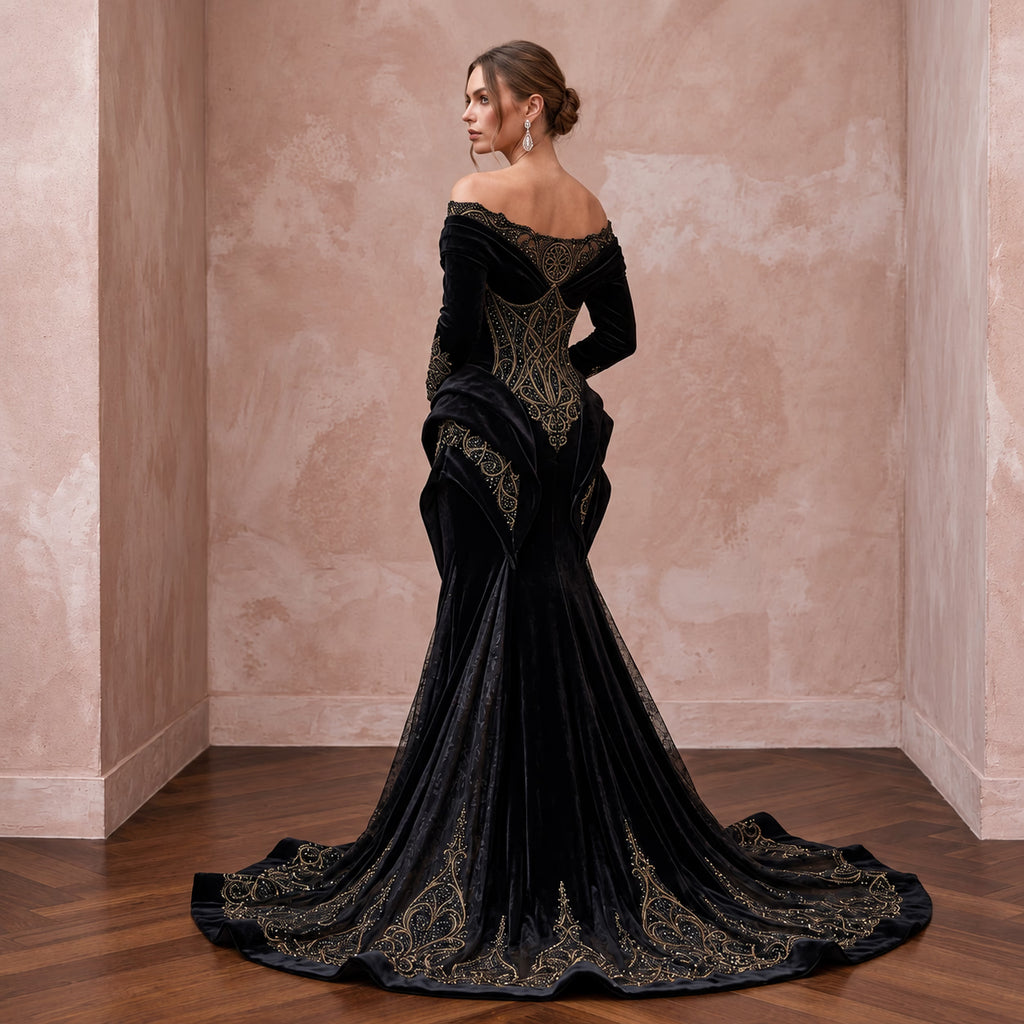 Black Velvet Off - the - Shoulder Long Sleeve Gothic Wedding Dress - Apparel & Accessories > Clothing > Wedding & Bridal Party Dresses > Wedding Dresses - Mignonette Bridal