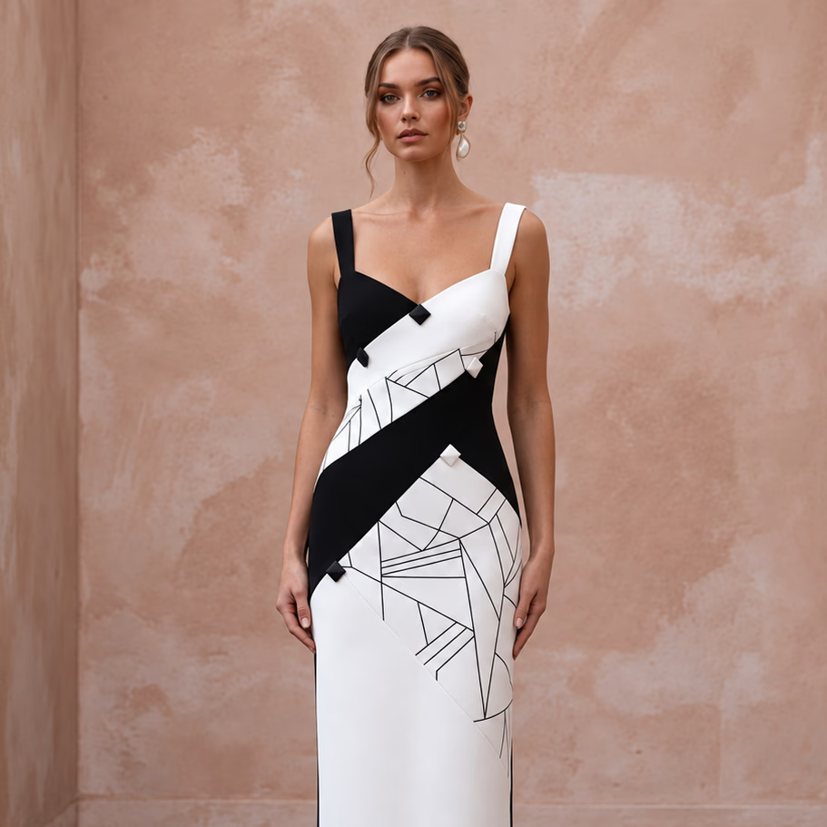 Black and White Colorblock Crepe Column Dress for Modern Art Event - Apparel & Accessories > Clothing > Wedding & Bridal Party Dresses > Wedding Dresses - Mignonette Bridal