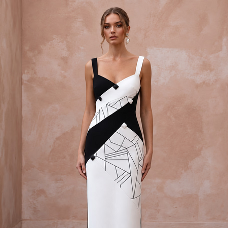 Black and White Colorblock Crepe Column Dress for Modern Art Event - Apparel & Accessories > Clothing > Wedding & Bridal Party Dresses > Wedding Dresses - Mignonette Bridal