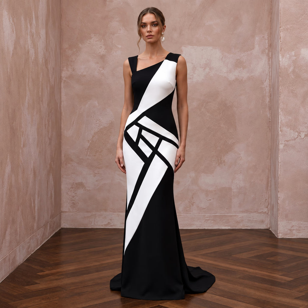 Black and White Colorblock Crepe Column Dress for Modern Art Event