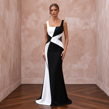 Black and White Colorblock Crepe Column Dress for Modern Art Event