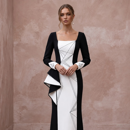 Black and White Colorblock Crepe Column Dress for Modern Art Event