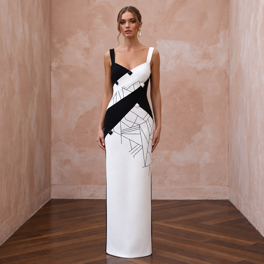 Black and White Colorblock Crepe Column Dress for Modern Art Event - Apparel & Accessories > Clothing > Wedding & Bridal Party Dresses > Wedding Dresses - Mignonette Bridal