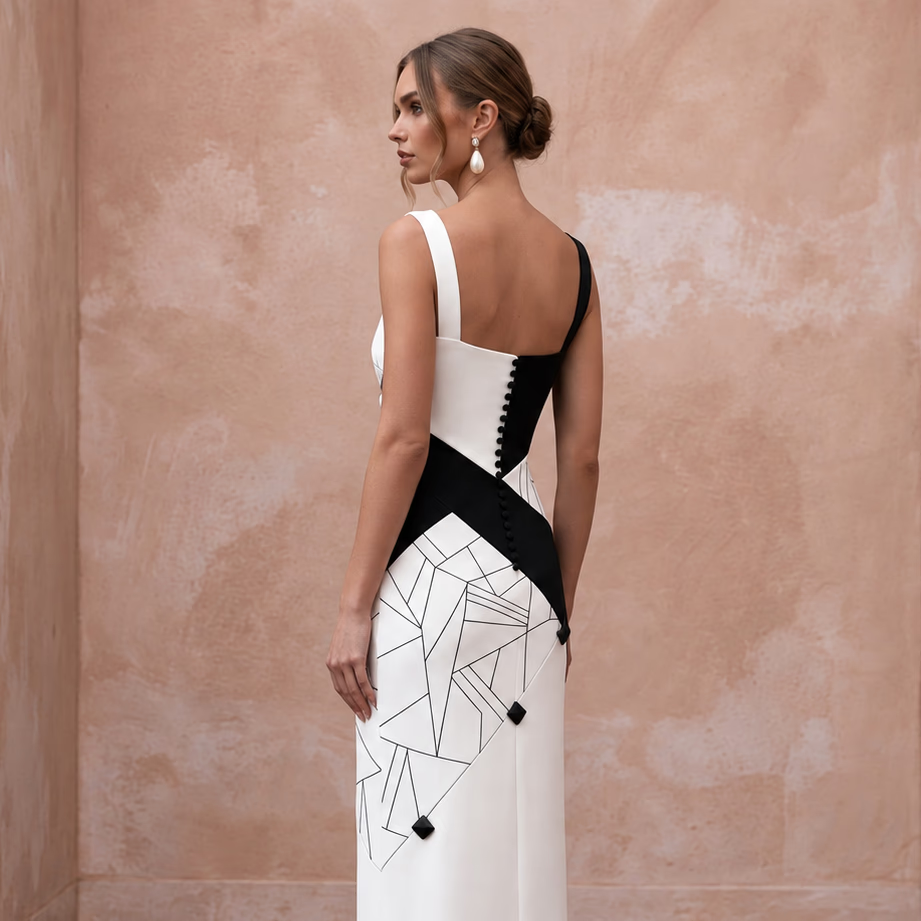 Black and White Colorblock Crepe Column Dress for Modern Art Event - Apparel & Accessories > Clothing > Wedding & Bridal Party Dresses > Wedding Dresses - Mignonette Bridal