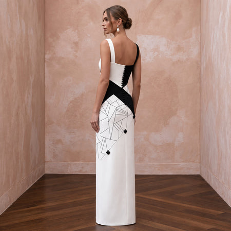 Black and White Colorblock Crepe Column Dress for Modern Art Event - Apparel & Accessories > Clothing > Wedding & Bridal Party Dresses > Wedding Dresses - Mignonette Bridal