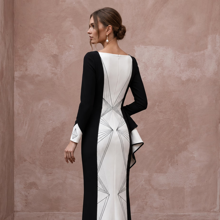 Black and White Colorblock Crepe Column Dress for Modern Art Event
