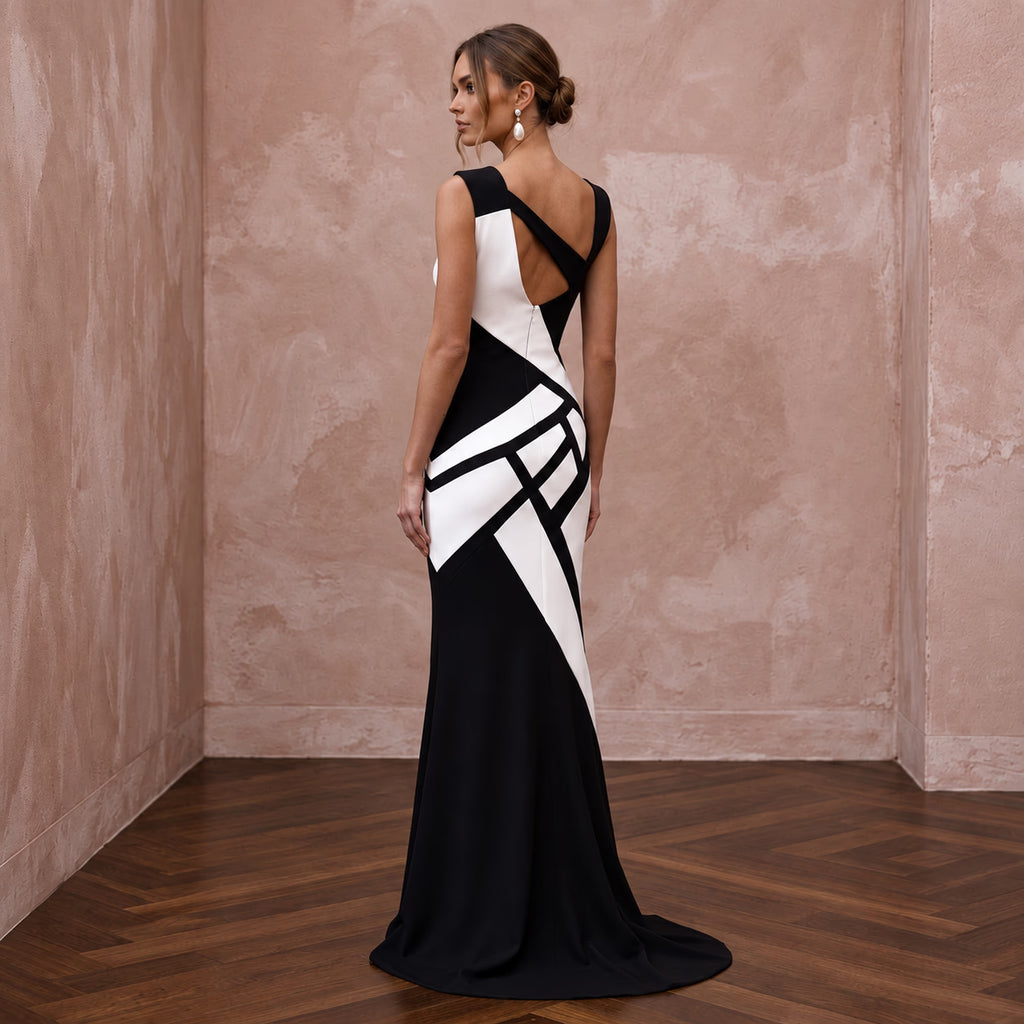 Black and White Colorblock Crepe Column Dress for Modern Art Event