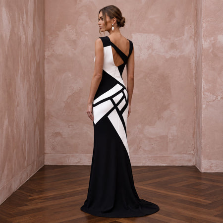 Black and White Colorblock Crepe Column Dress for Modern Art Event