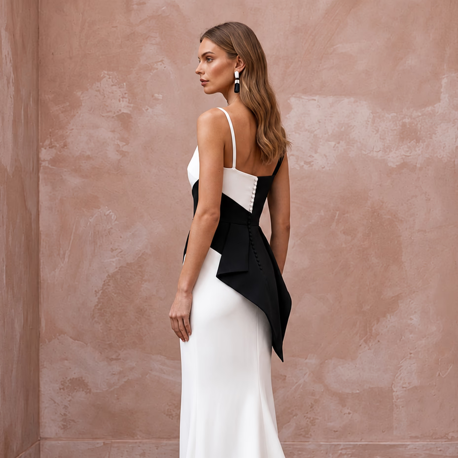 Black and White Colorblock Crepe Column Dress for Modern Art Event