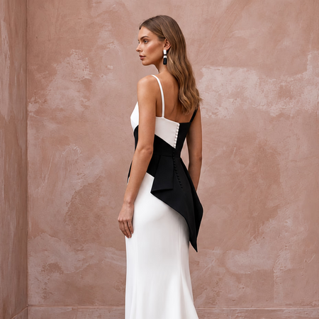Black and White Colorblock Crepe Column Dress for Modern Art Event