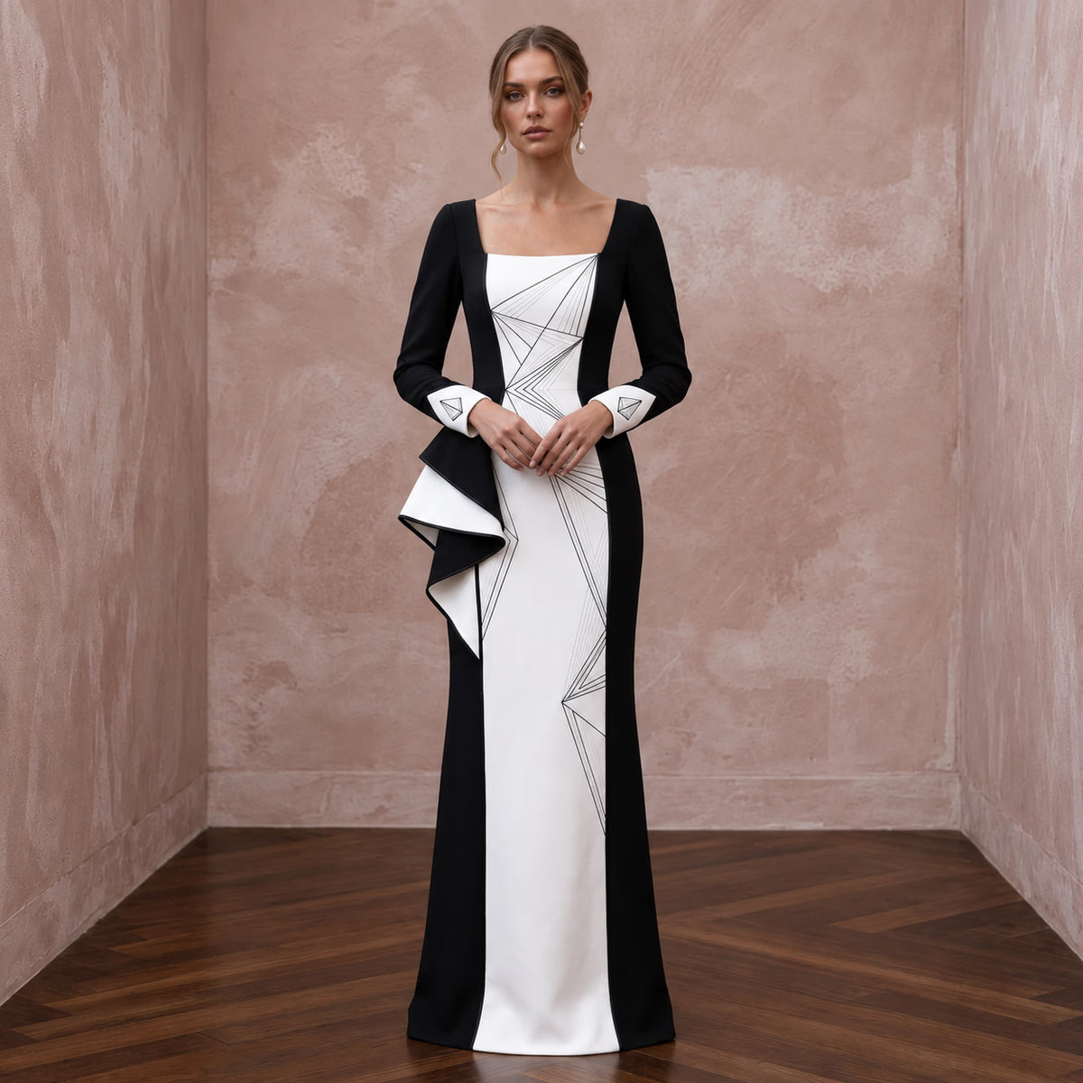 Black and White Colorblock Crepe Column Dress for Modern Art Event