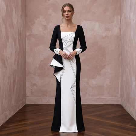 Black and White Colorblock Crepe Column Dress for Modern Art Event