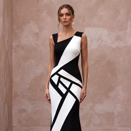 Black and White Colorblock Crepe Column Dress for Modern Art Event